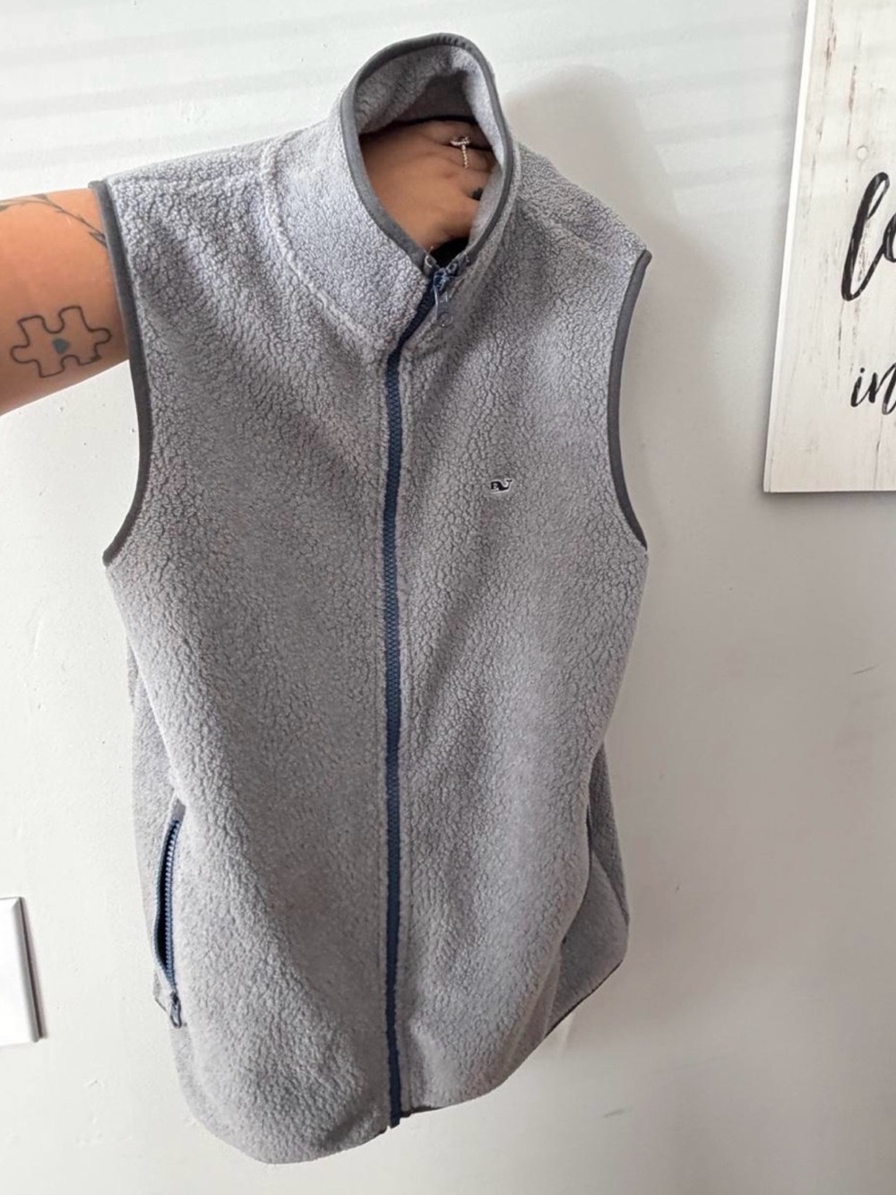 Vineyard Vines Light Gray Fleece Vest with Navy Trim